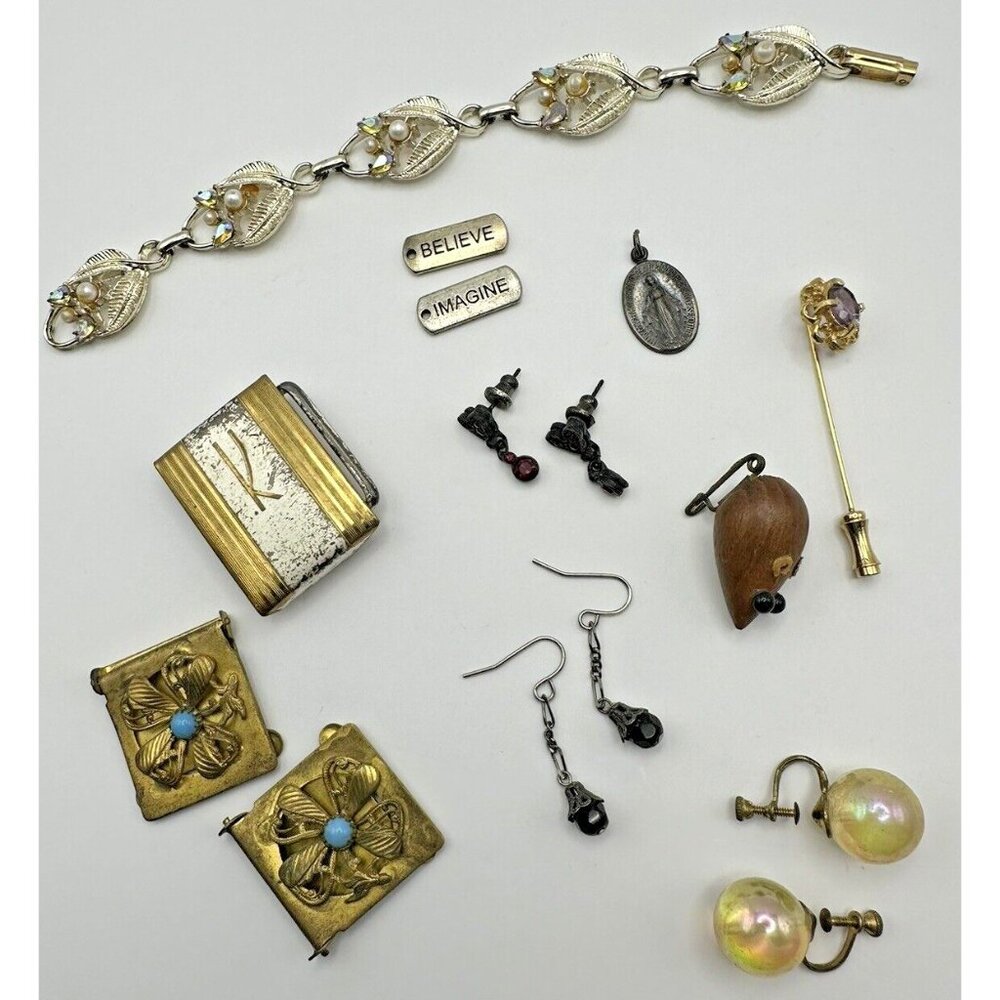 Vintage Jewelry Lot 1940s Buckles Hickok Turquoise Hat Pin Screwback Earrings